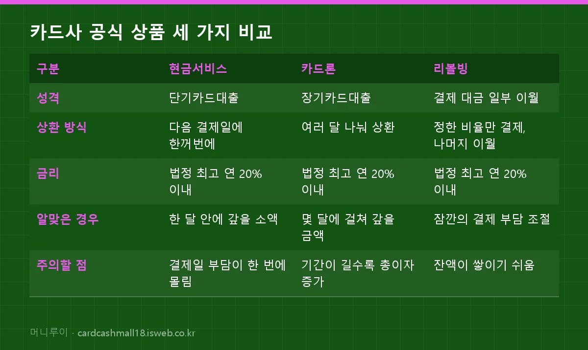 카드사 공식 상품 세 가지 비교 표를 그림으로 정리한 이미지
