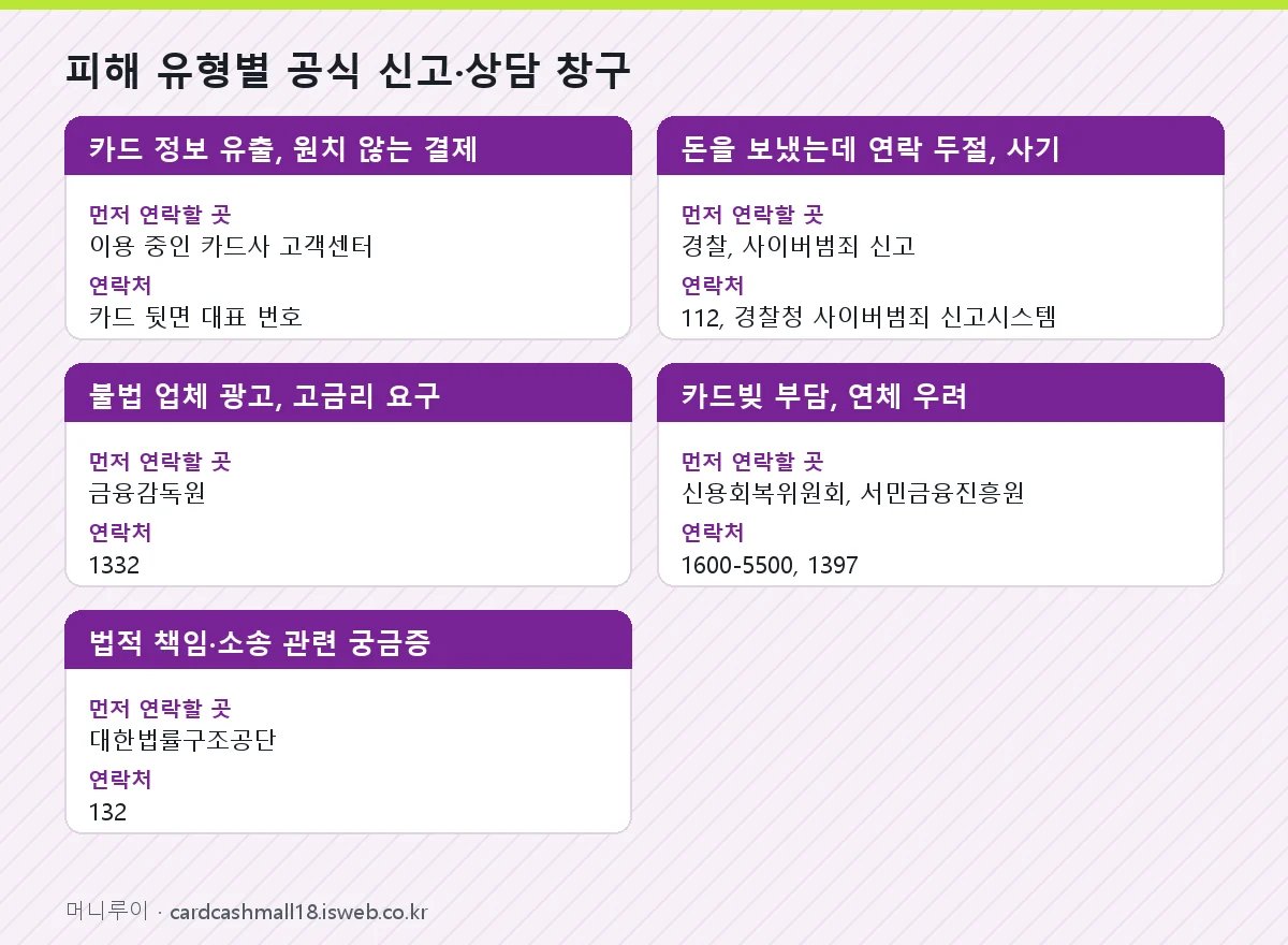 피해 유형별 공식 신고·상담 창구 표를 그림으로 정리한 이미지